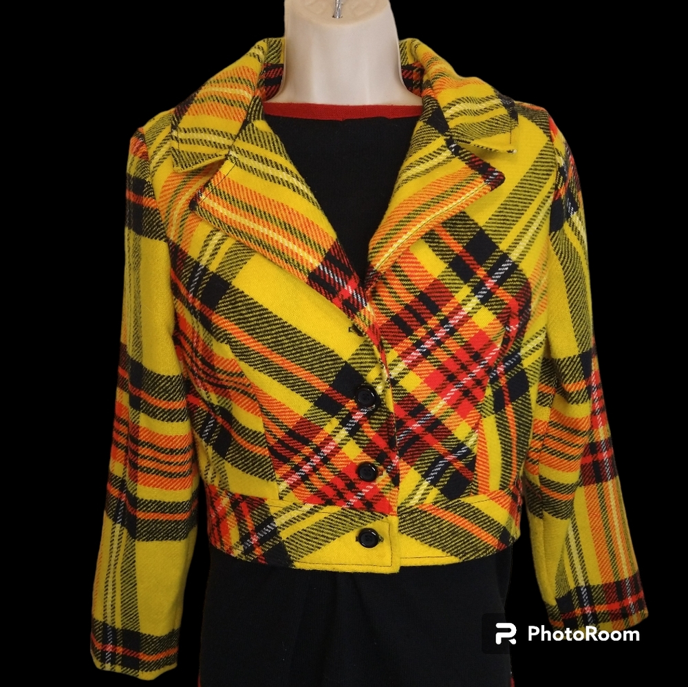 Vintage 1970's Handmade Plaid Button-up Jacket-Women's Small-Yellow, Black & Red - Picture 2 of 8